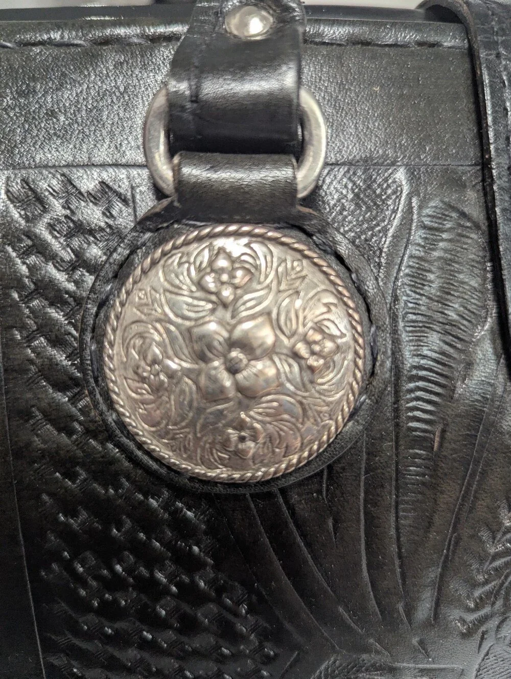 American West Black Western-Style Tooled Leather Satchel